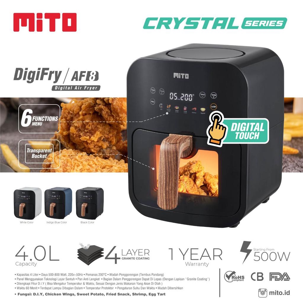 MITO Digital Air Fryer DIGIFRY AF8 Crystal Series 4 Liter Wadah Transparan