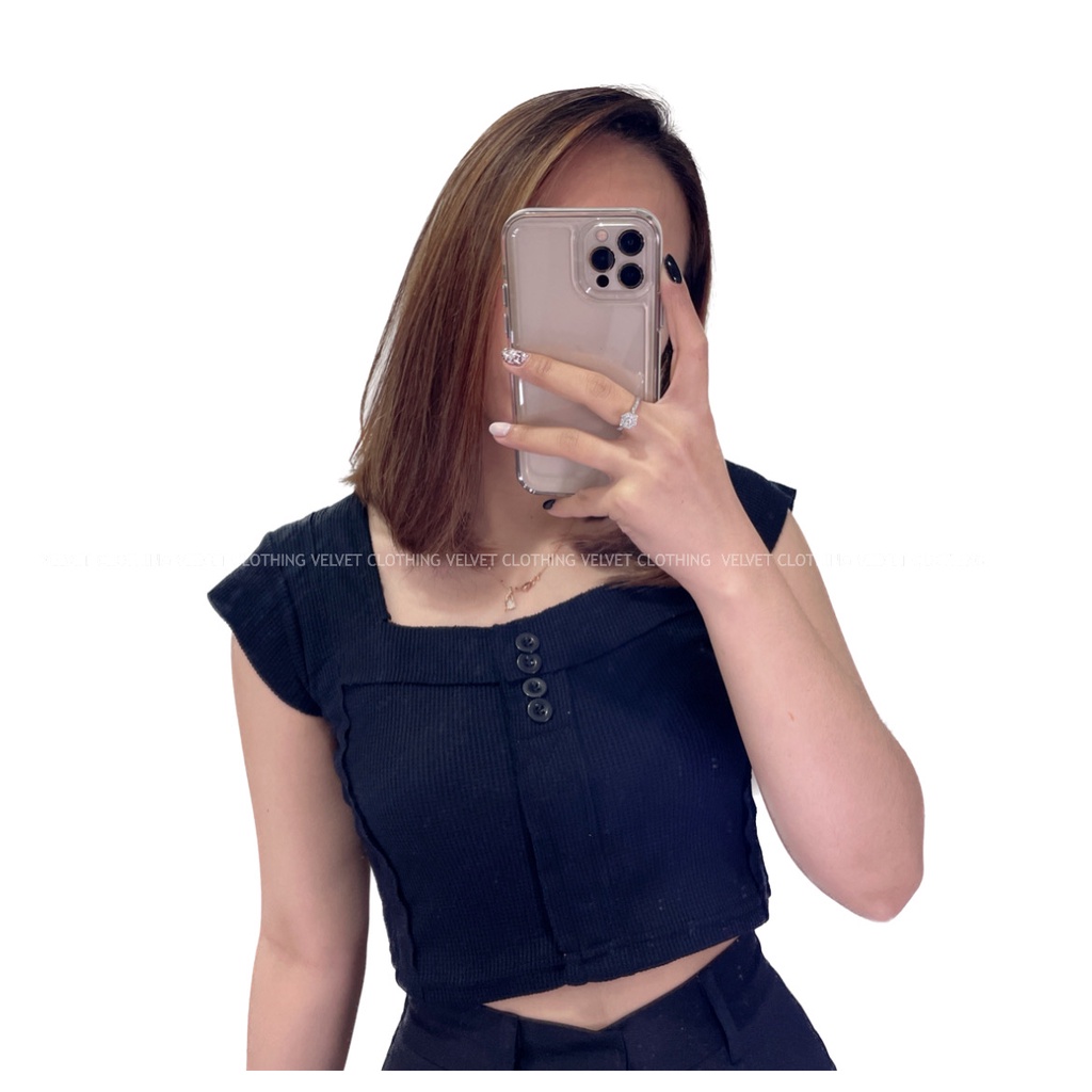 VELVET Blouse Square Neck Knit / Atasan Knit Button Wanita / Blouse Crop Knit / Crop Top korean 4512