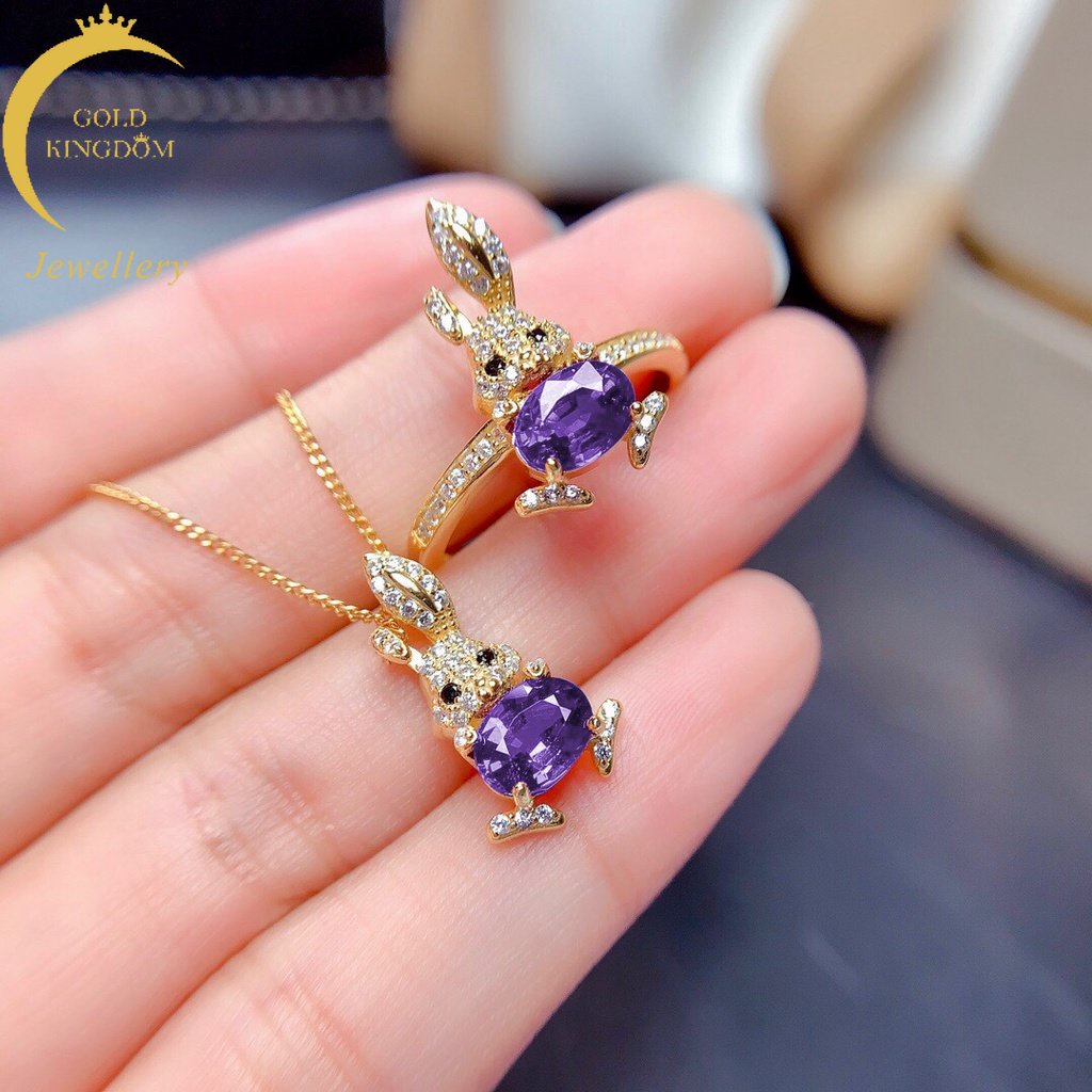 Goldkingdom Perhiasan Fashion 24K Bangkok Aksesoris Ready Stock Berlapis Emas Asli Kadar 375 18k Amethyst Kelinci Lucu Liontin Micro Berlian Rabbit Cincin Wanita Set