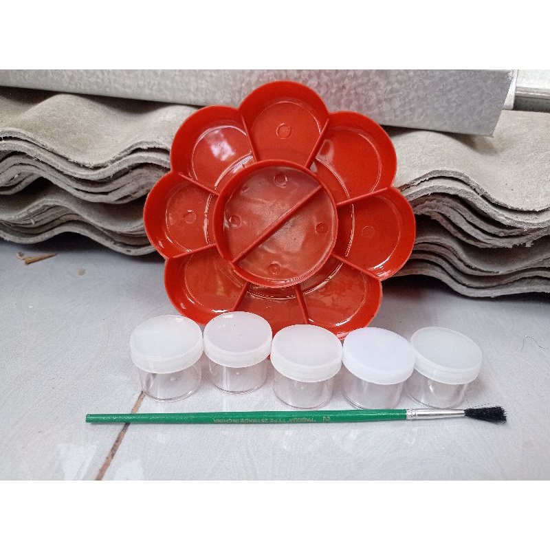 

Paket 5pcs Botol kemasan Pot + Kuas + Palet Lukis / Gyp Store / Perlengkapan melukis / Alat Lukis