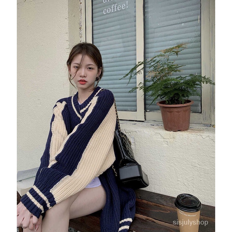 Sweater Retro Jepang Wanita Malas Musim Semi Baru Desain Niche Warna Kontras Jahitan Lengan Panjang