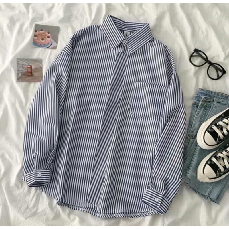 Kemeja salur/garis garis Wanita Casual biru