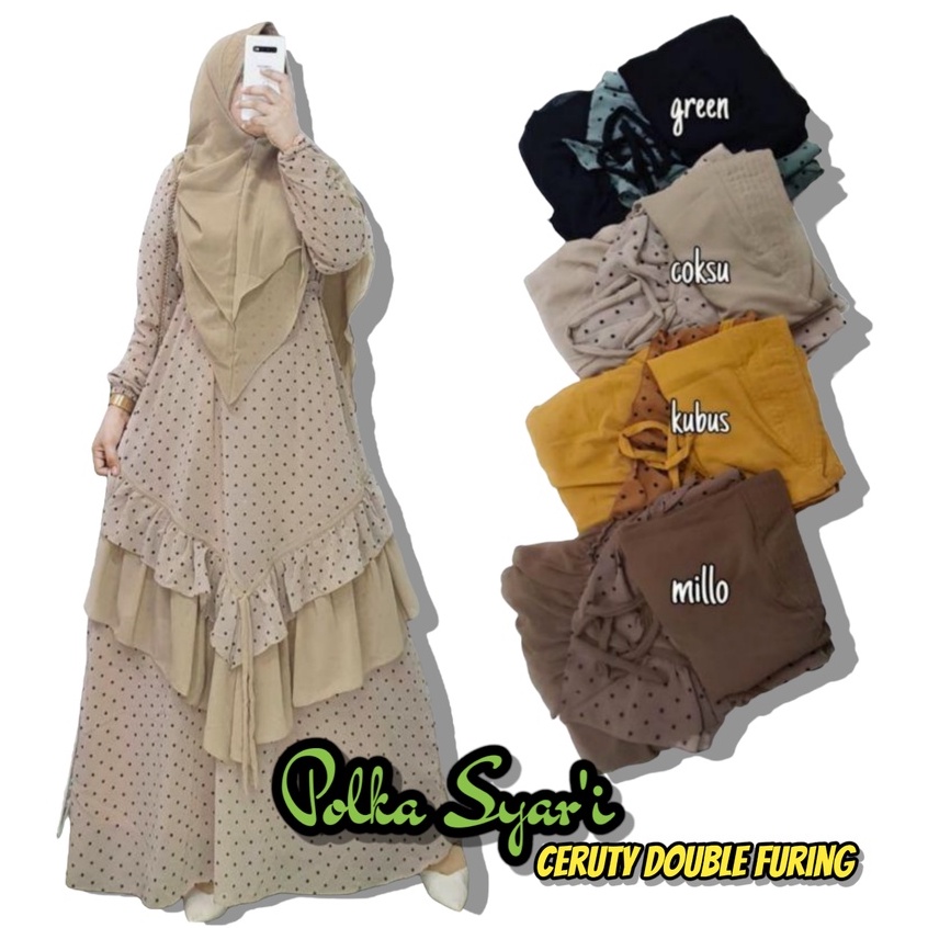 BAJU WANITA GAMIS SET HIJAB KHIMAR SYARI POLKA CERUTY BABYDOLL REMAJA TERBARU 2021