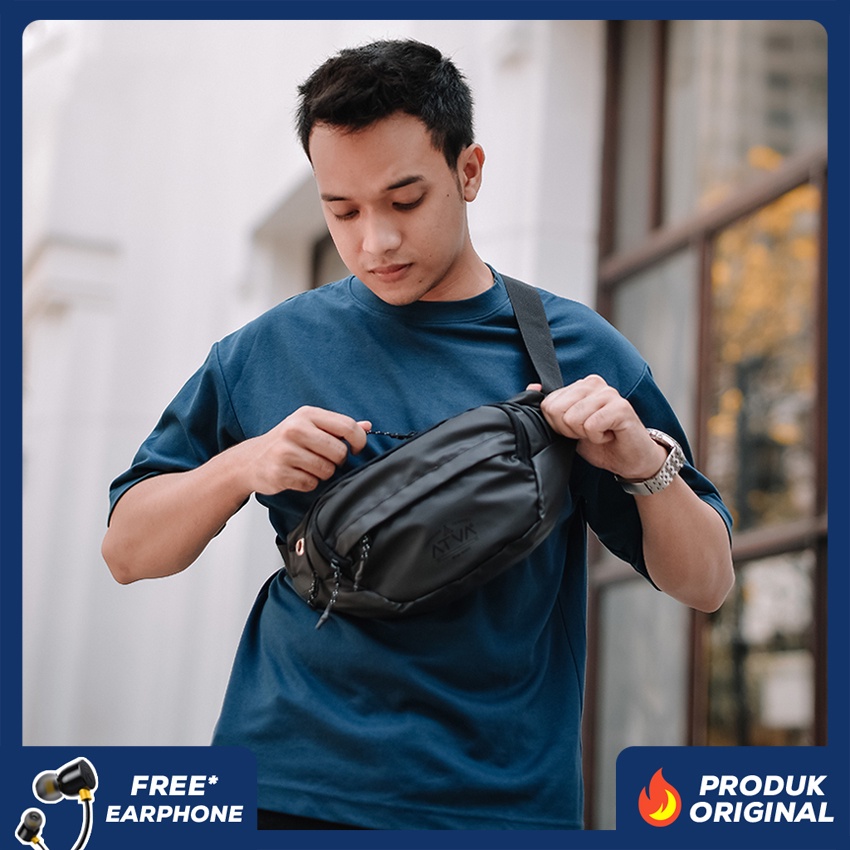 ELITE BLACK ORIGINAL x ATVA Tas Selempang Hitam Casual Pria Waterproof Waistbag Jalan Santai Main Hangout Nongkrong Waist Bag Distro Remaja Dewasa Daily Simple Sling Bag Premium Mini Slingbag Tas Slempang Outdoor Kecil Pinggang Bahu Dada Keren Terbaru