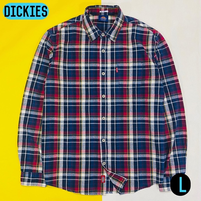 Kemeja Dickies Size L Lengan Panjang Kotak-Kotak Merah biru Putih Garis Kuning