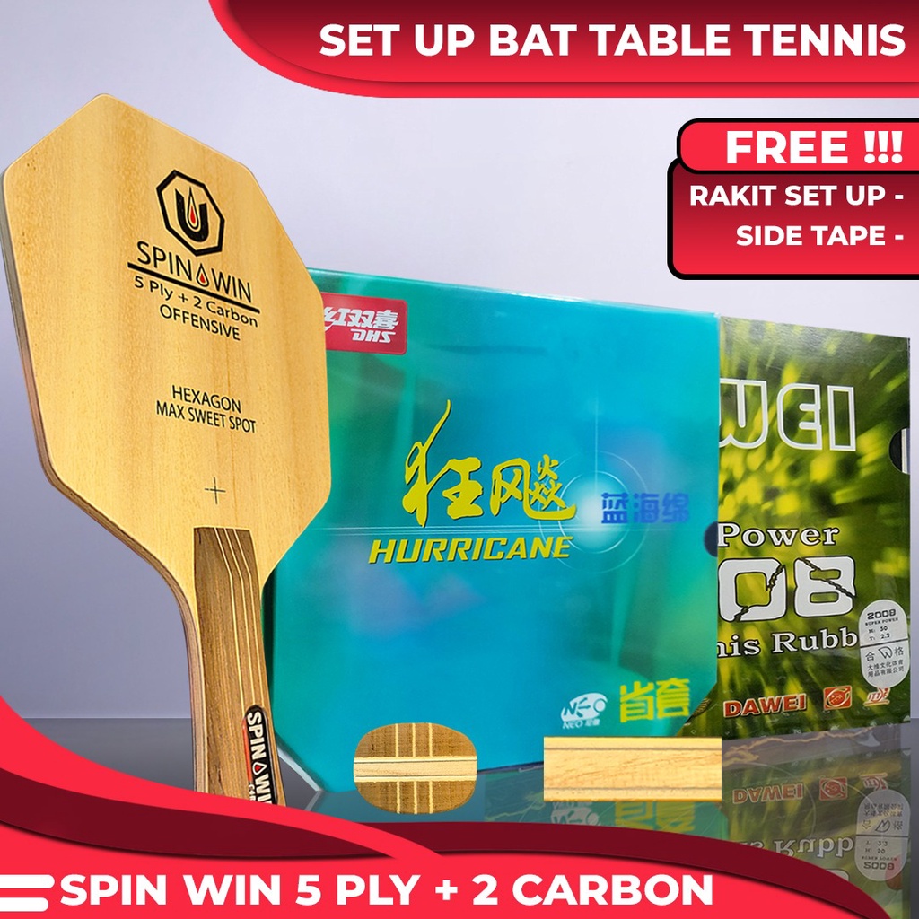 Setup Tenis Meja Spin Win Hexagon Carbon DHS Hurricane 3 Neo Provinsi Blue Sponge Dawei 2008 Super P