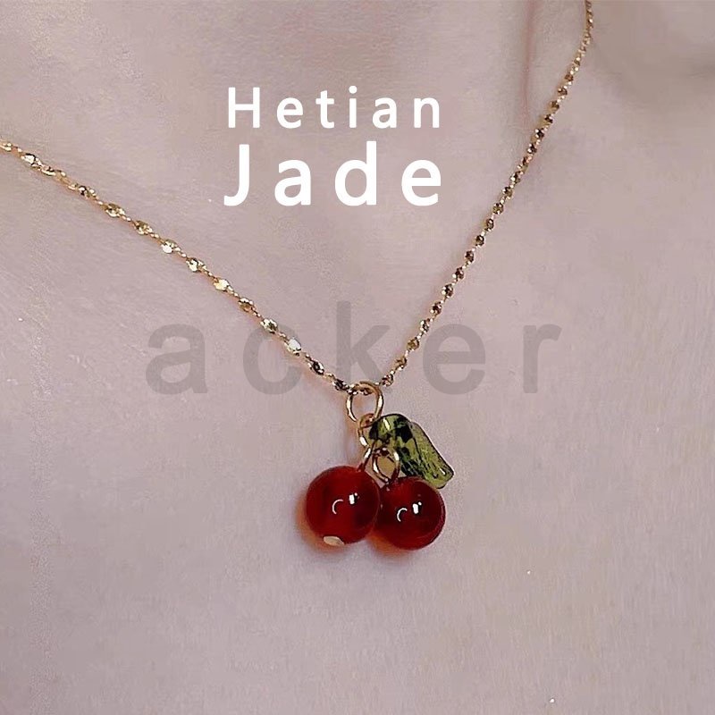 Kalung Dengan Liontin Batu Giok Hetian Natural Bentuk Cherry Untuk Wanita