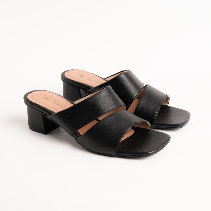 Sandal Heels Wanita Ukuran Besar Jumbo 41-45 Kulit Hitam - Sendal Heel Selop Big Size