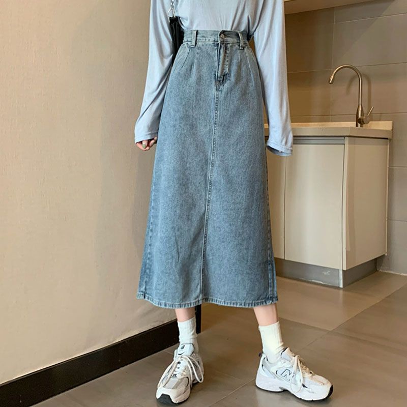 Korean style rok denim/biru muda mid length skirt/skirt pakaian wanita