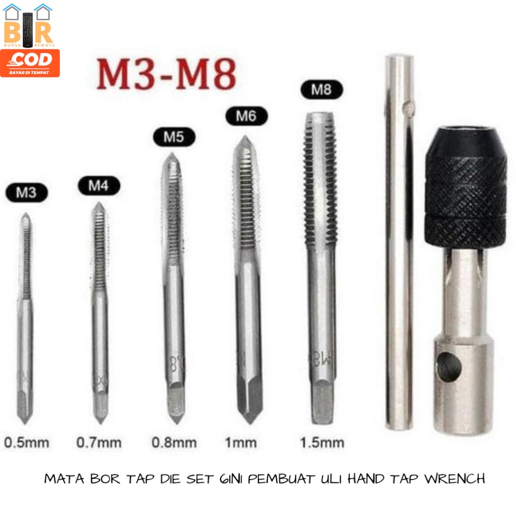 Mata Bor Hand Tap T Die Set 6In1 M3 - M8 Pembuat Ulir Drat Metric M3 M4 M5 M6 M8