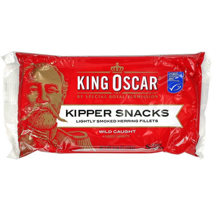 

Ikan Kaleng King Oscar, Kipper Snacks, Lightly Smoked Herring Fillets 100G