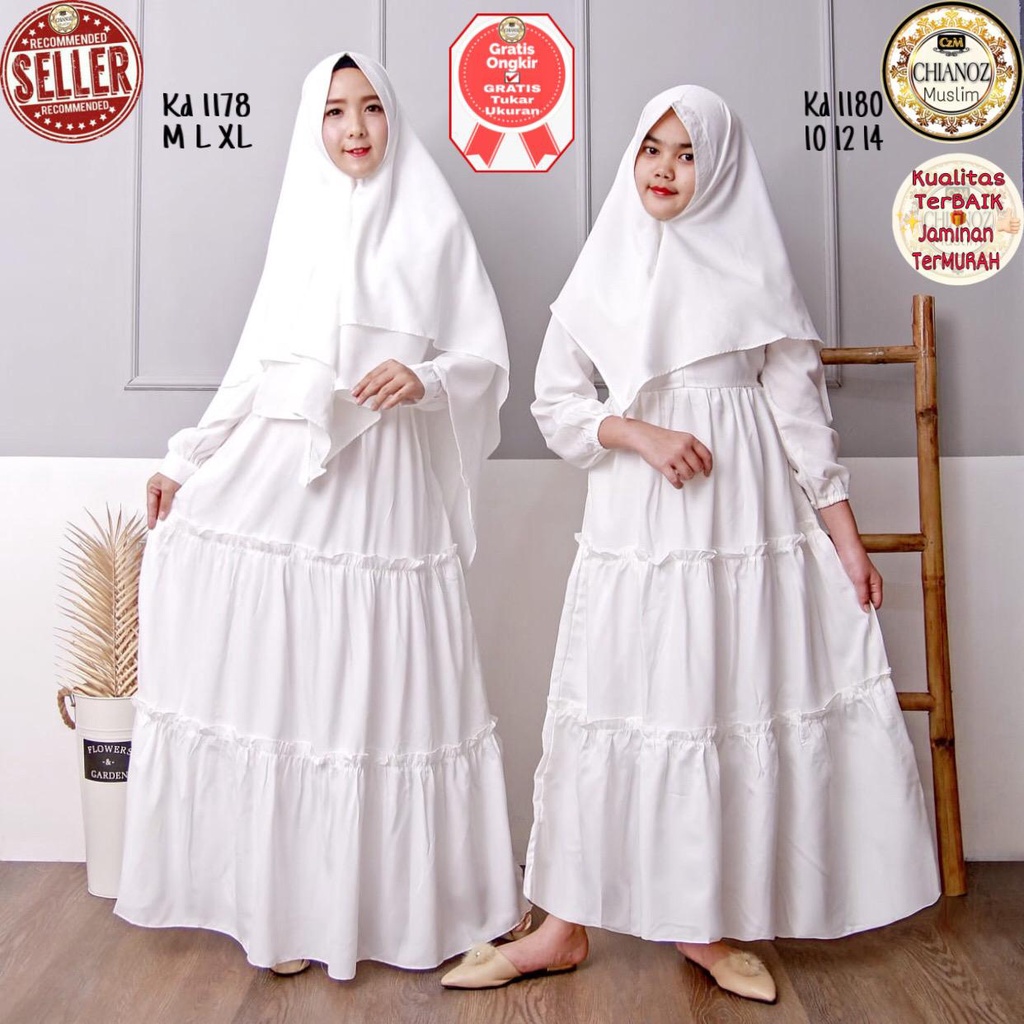 CHIANOZ Gamis Syari Couple Anak Putih Couple Mewah Tiara Dress Brukat Renda Baju Lebaran Umroh Haji Manasik Pesta Akad 1178 1180