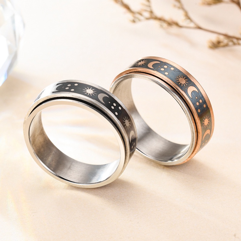 Fancyqube Cincin Titanium Steel Desain Matahari Bulan Bintang Untuk Pria Dan Wanita