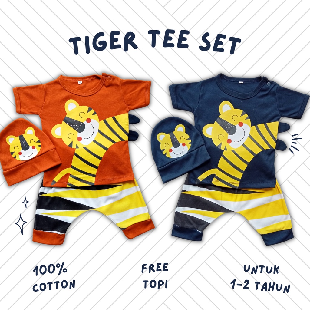 setelan anak laki laki baju anak bayi cowok 1 2 tahun 0 12 24 bulan setelan baju anak balita free topi TIGER tee set