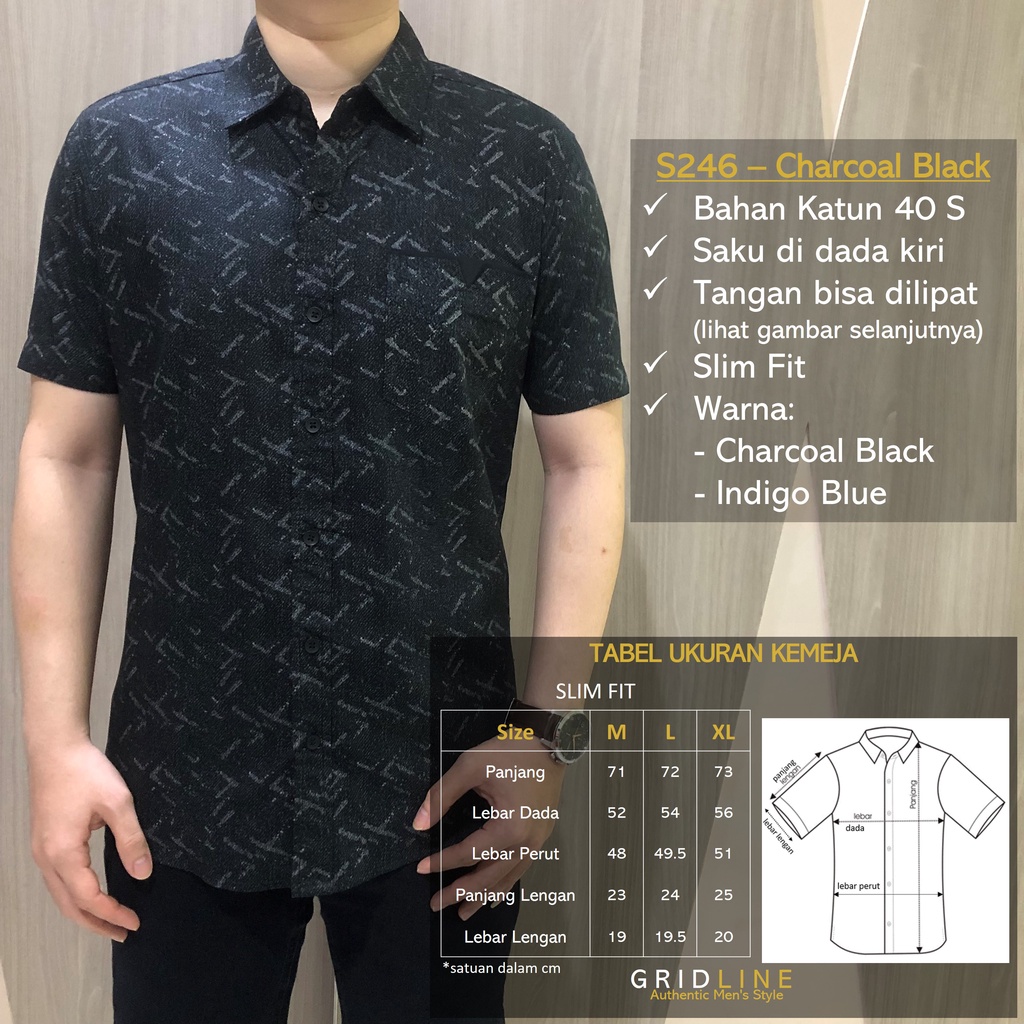 [GRIDLINE - S317 French Navy &amp; Raven Black - S246 Indigo Blue &amp; Charcoal Black] Kemeja Pria Lengan Pendek Slimfit simple motif M-XXL