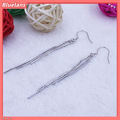 Bluelans Anting Kait Gantung Wanita Lapis Silver Hias Rumbai Slim Untuk Pernikahan