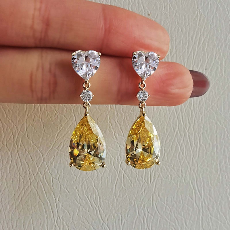 Anting Drop Cubic Zirconia Bentuk Pir Warna Kuning Untuk Wanita