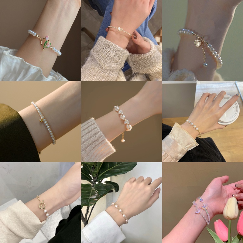 Mhang Gelang Tangan Wanita Desain Bunga Tulip / Kupu-Kupu Pink Hias Mutiara Gaya Vintage