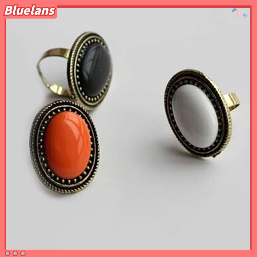 Bluelans Ring Adjustable Big Oval Inlaid Alloy Natural Gem Stone Ring