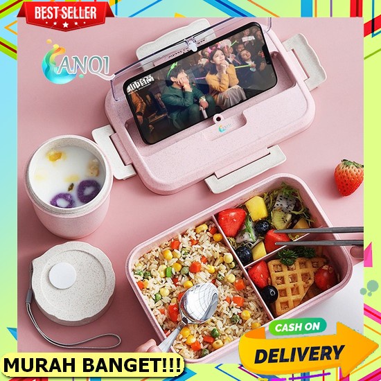 Lunch Box Kepala Kucing 3 Sekat / Kotak Bekal Anak Kd 8818 Anqi Shoplunch Box 3 Warna Pp Jerami Gand