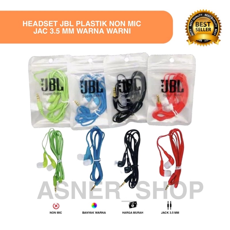 Headset JBL Plastik Non mic Hf Kabel MP3 Music Bass Packing Warna Merah Kuning Hitam Putih hijau Biru Ungu