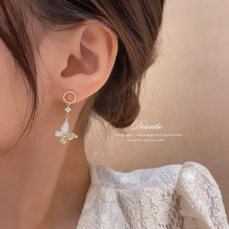 Anting Tusuk Gantung Asimetris Bahan Sterling silver 925 Desain Kupu-Kupu + Berlian Imitasi Untuk Wanita