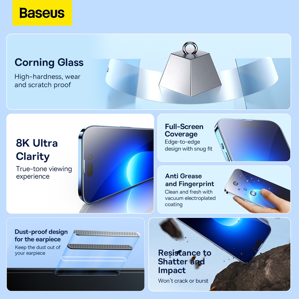 Tempered Glass iPhone 14/Plus/14 Pro/Max Baseus Corning 0.4mm HD/Antispy