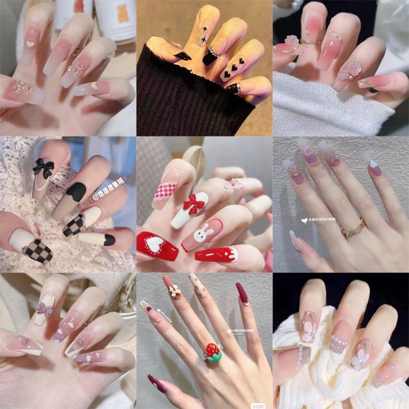 24pcs Kuku Palsu Jari Tangan Fake Nail Art Motif 3D Lucu Wanita Korea + Lem Tempel
