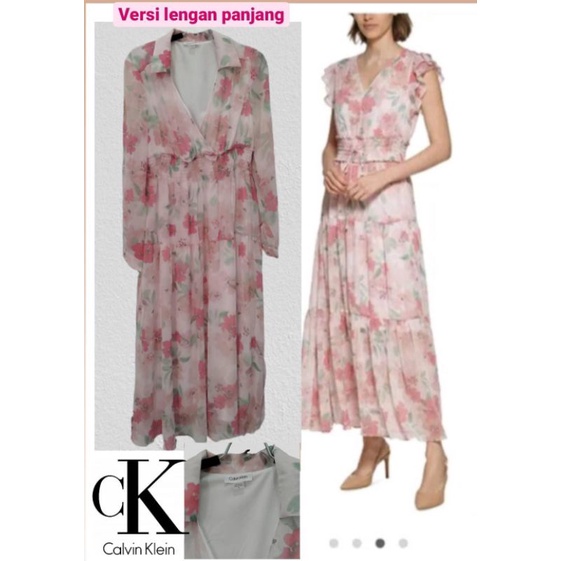 Calvin Klein maxi chiffon dress panjang soft pink(lengan panjang)