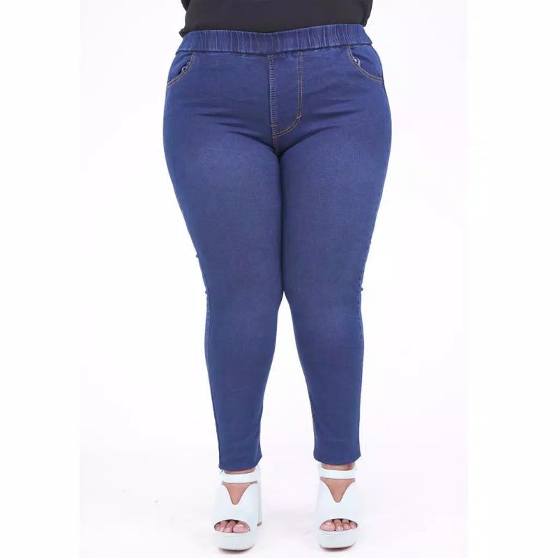 Celana jeans jumbo wanita pinggang kolor karet jeging jeans leging jeans jumbo big size