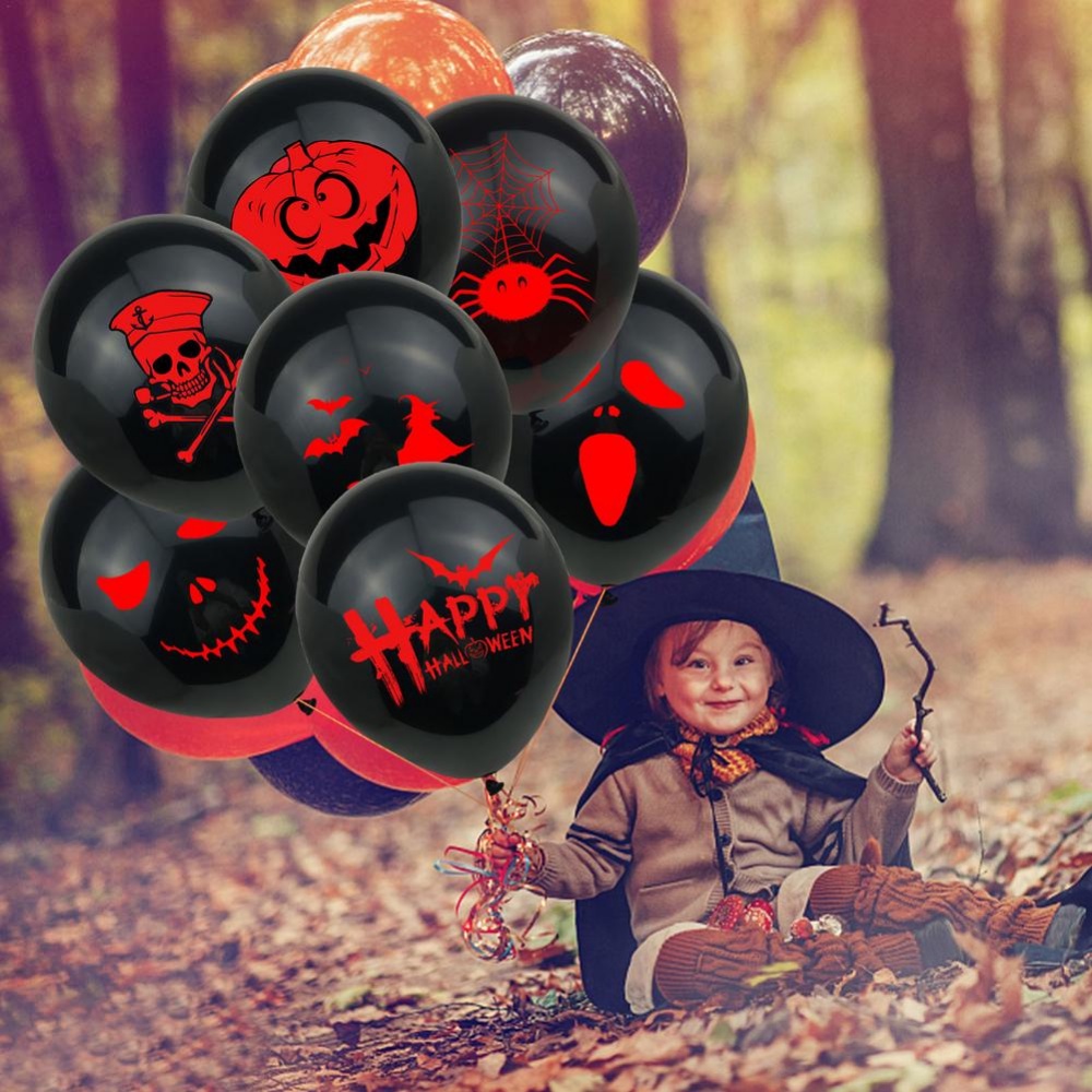 10 Pcs Balon Latex Motif Print Wajah Hantu Tengkorak Warna Hitam Untuk Dekorasi Pesta Halloween