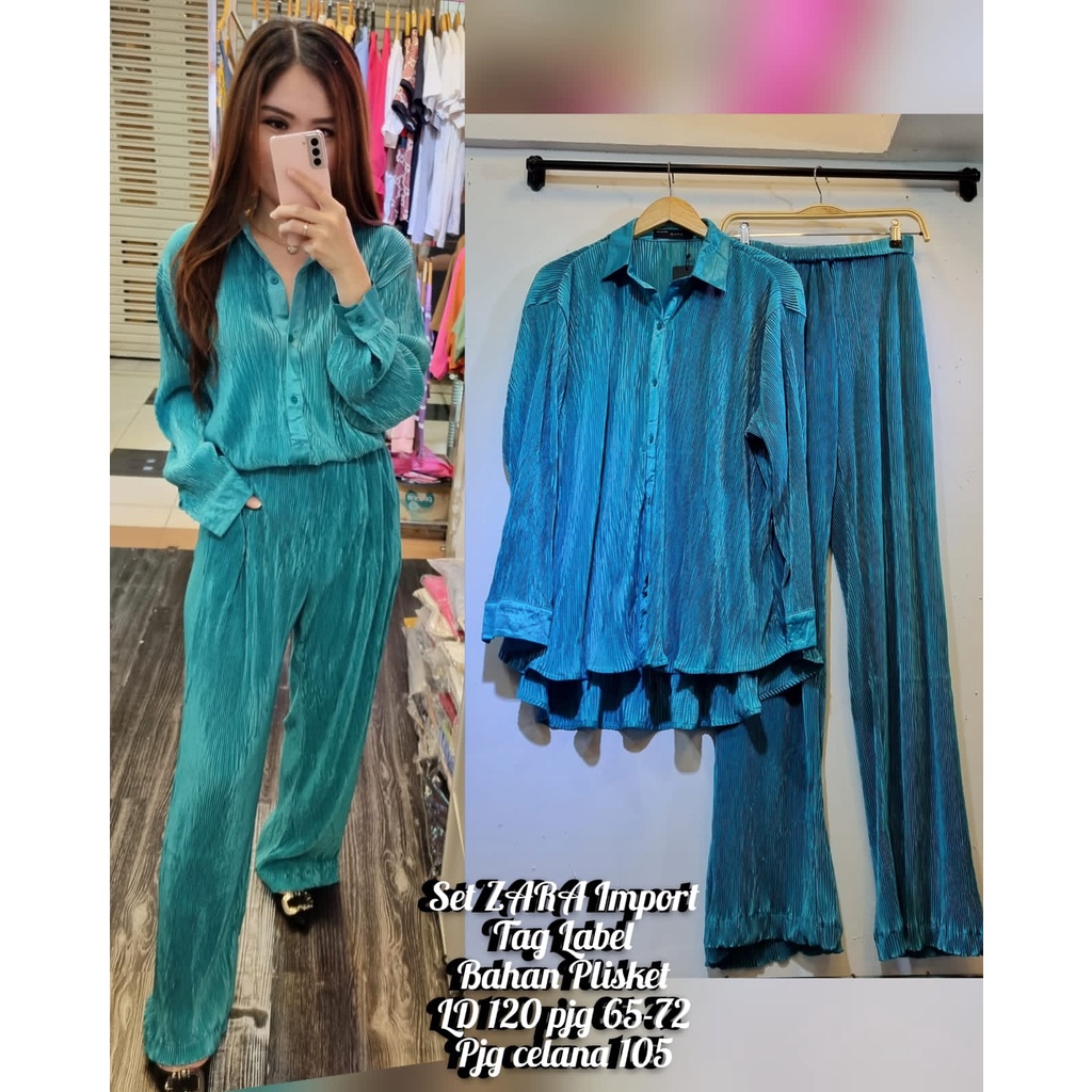 Branded Setelan Celana Wanita Plisket ZAR4 Premium | One Set Kemeja Panjang Jumbo Import LD 120