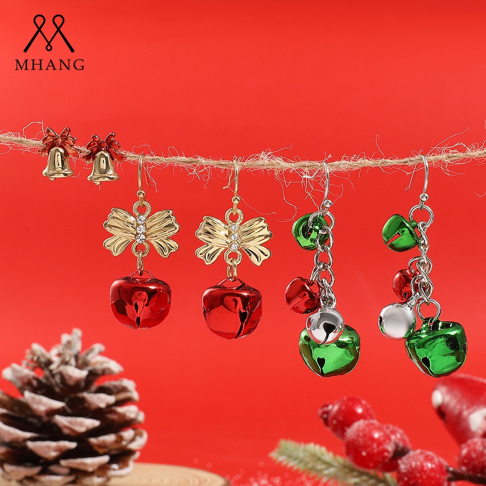 Set Anting Panjang Desain Lonceng Natal Warna Merah Hijau