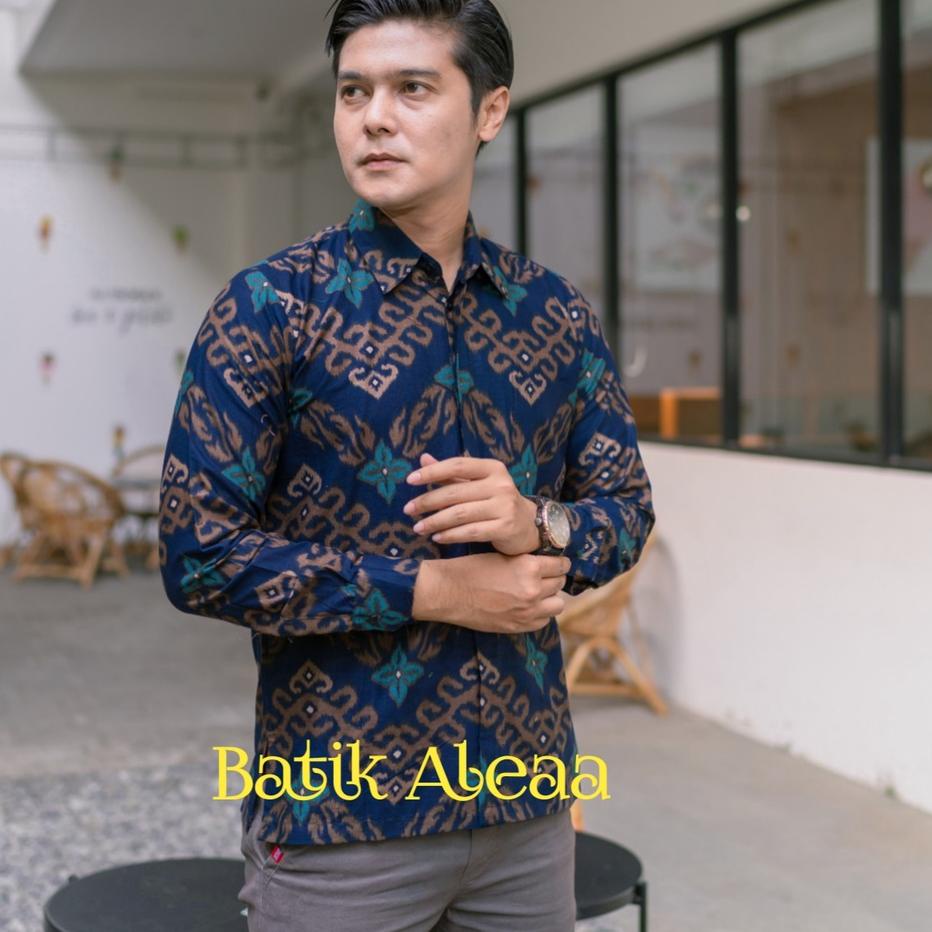 ➳Modern Batik Aleaa Couple Gamis Kemeja Songket zigzag baru Biru Produk Terkini
