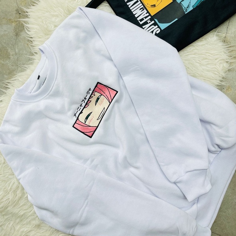 Crewneck Anya Smirk Embroidery White Anime Manga Spy X Family Premium Unisex