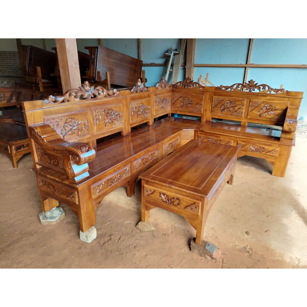 MEJA KURSI TAMU KAYU JATI MODEL SUDUT