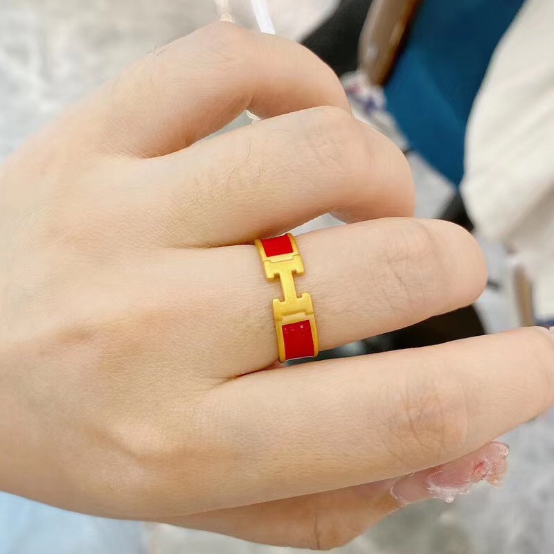 Goldkingdom Perhiasan Fashion Emas Asli Kadar 375 Bangkok Aksesoris Ready Stock Berlapis 3D-cincin Emas Dengan Enamel Merah Warna Drop Perekat Huruf H Cincin Yang Dapat Disesuaikan