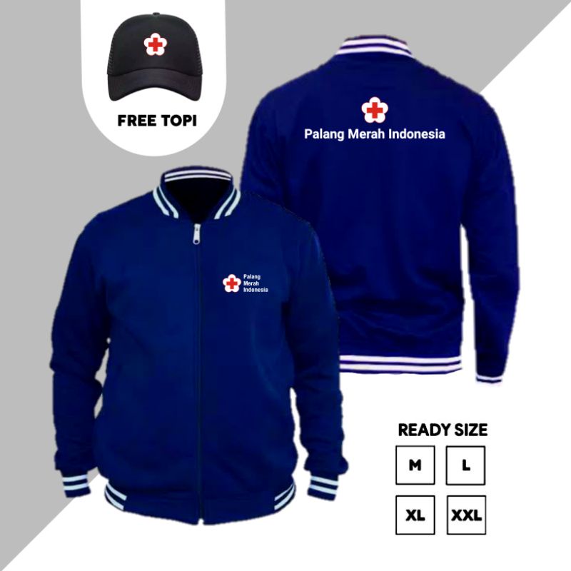 Jaket Varsity Logo PMI Palang Merah Indonesia - Jaket PMI Terbaru Gratis Topi