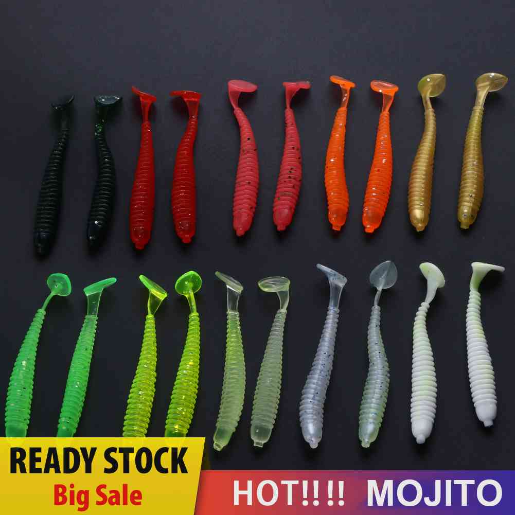 20Pcs Umpan Pancing Bentuk Cacing Ekor T Bahan PVC Lembut 10 Warna Ukuran 2g / 7.5cm