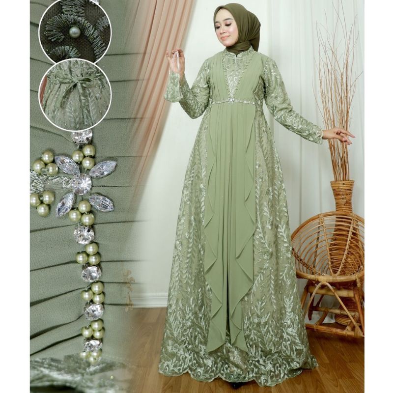 Gamis Kondangan Gamis Viara Brukat Tille Gamis Pesta Hijau Sage