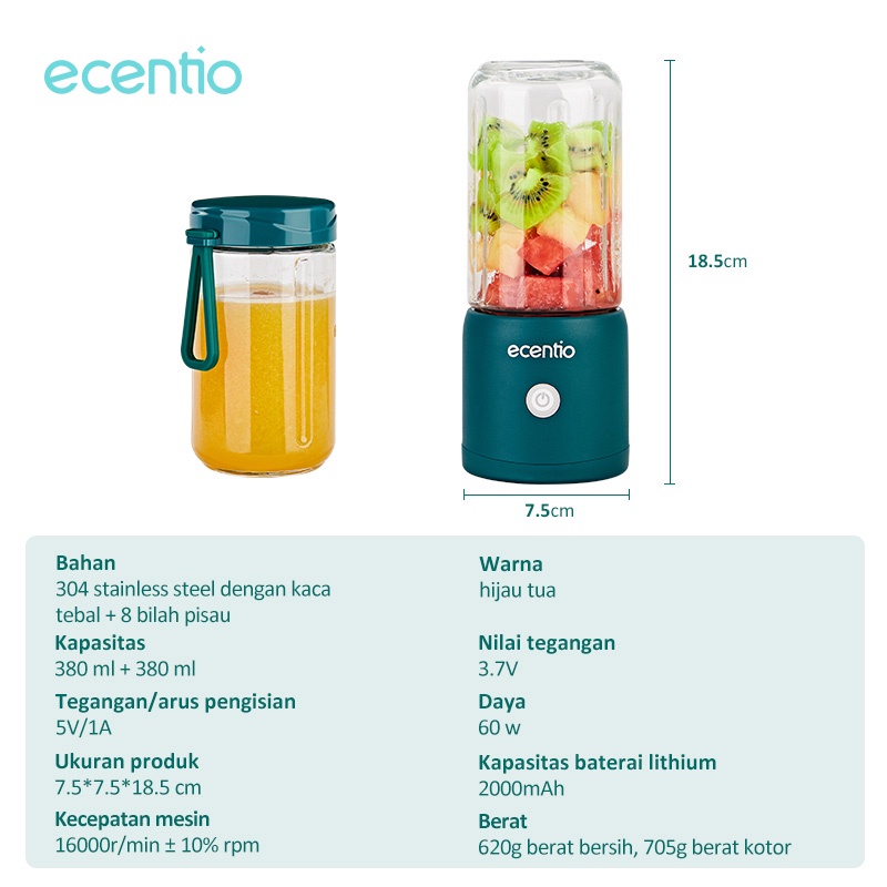 ecentio 2/1 cup Juicer Portable Blender Portable kaca 8/6 mata pisau 380ml+380ml