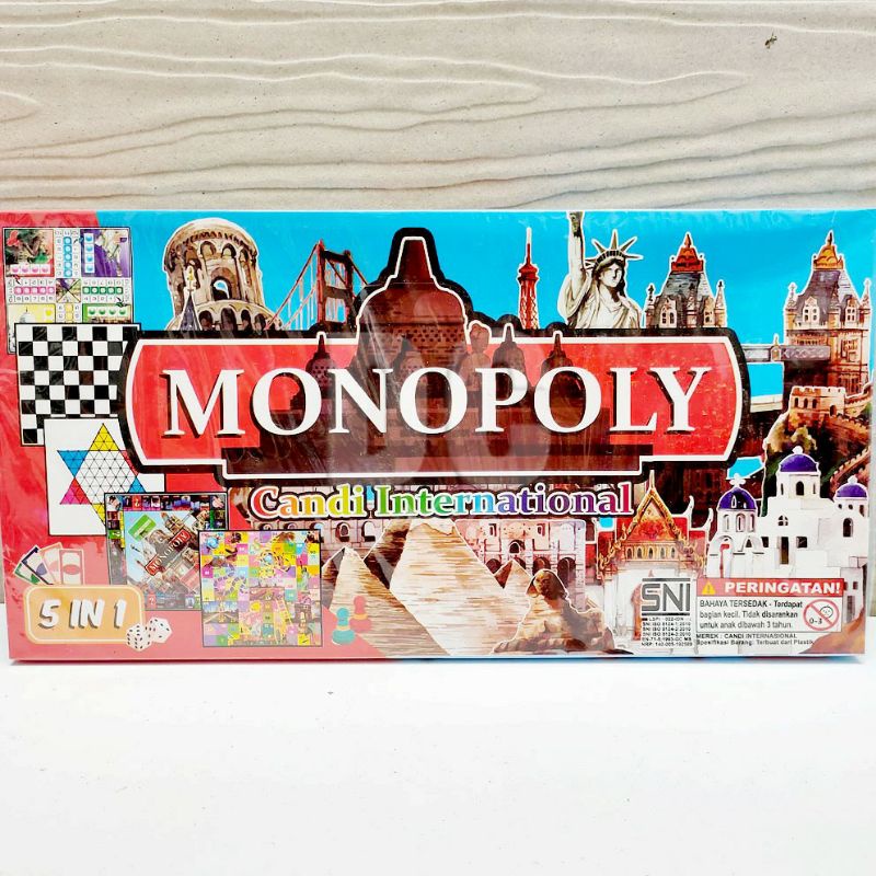 Monopoly 5in1 Permainan Monopoli Halma Ludo Catur Ular Tangga Bola Dunia Globe Candi Borobudur