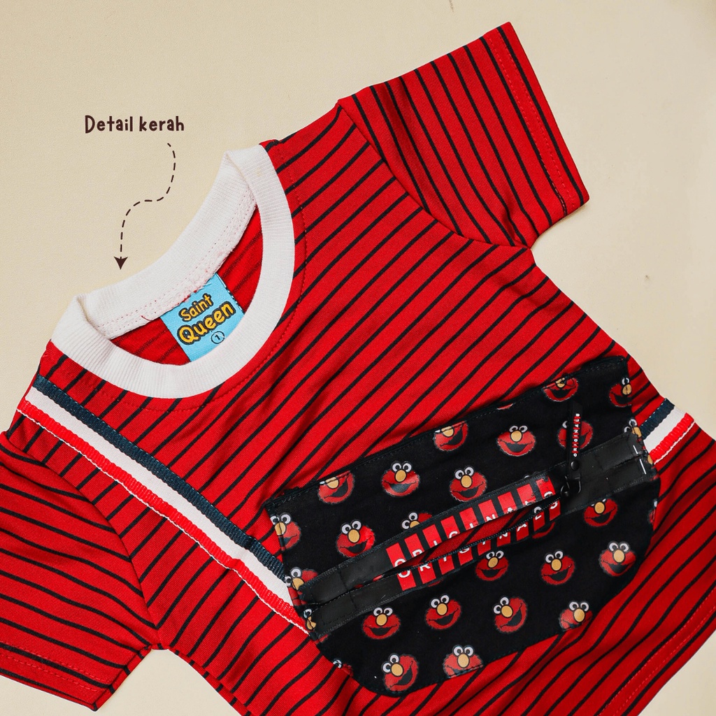 Nuna Store baju anak laki laki SaintQueen Motif Kantong Garis Elmo / Setelan Baju Bayi 0 - 2,5 tahun / Baju Anak Laki-Laki