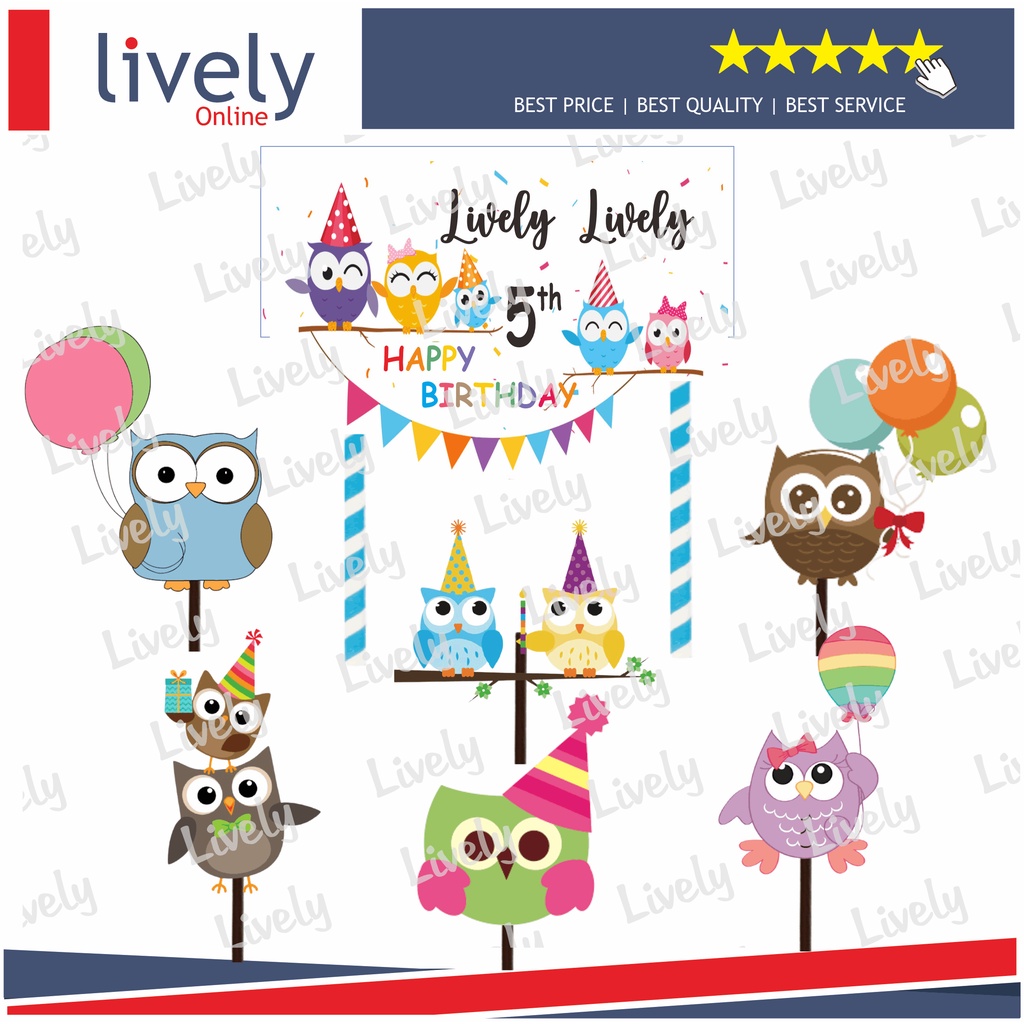 CUSTOM NAMA CAKE TOPPER KARAKTER CUTE OWL HIASAN KUE ULANG TAHUN HAPPY BIRTHDAY