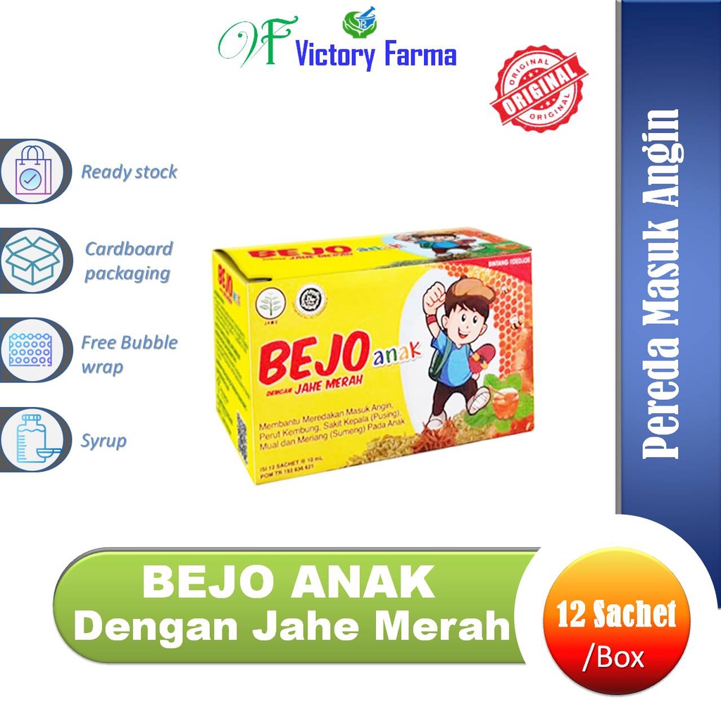 

Bejo Anak dengan Jahe Merah Box @ 5 Sachet @10 ml/ Pereda masuk angin anak