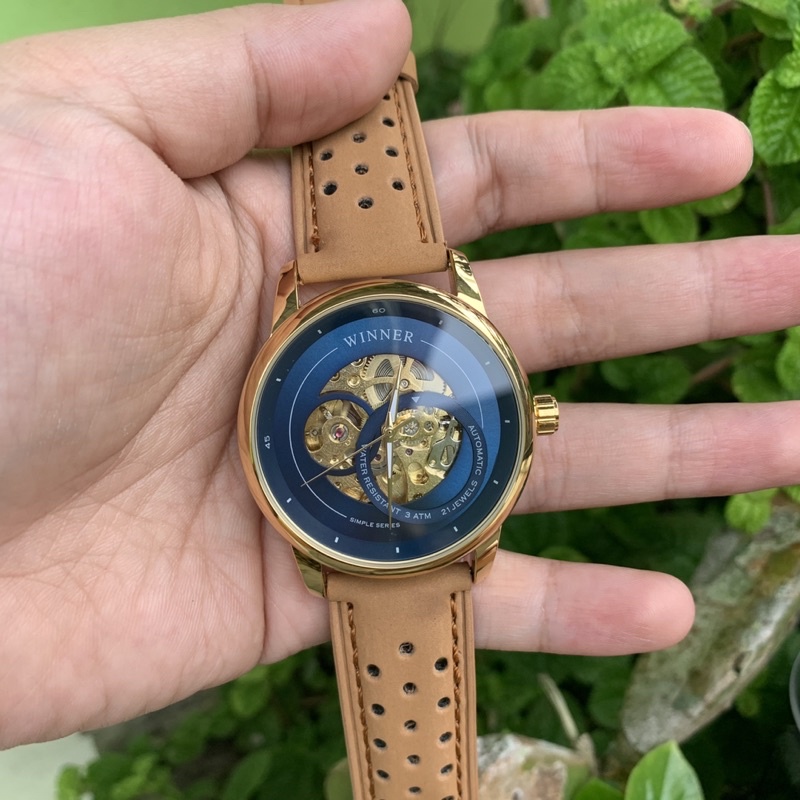 Jam Tangan Winner Automatic Gold Blue Tali Kulit