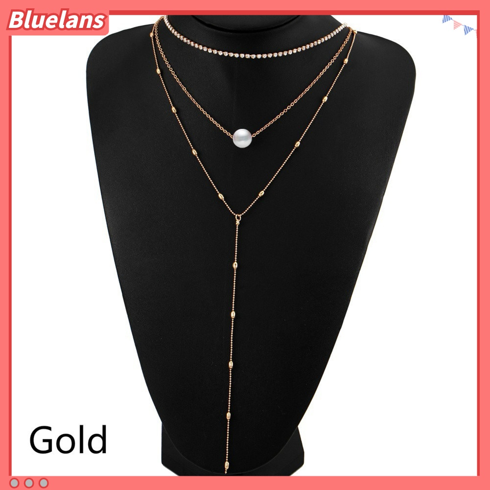 Kalung Choker Rantai Multilayer Hias Mutiara Berlian Imitasi Untuk Wanita