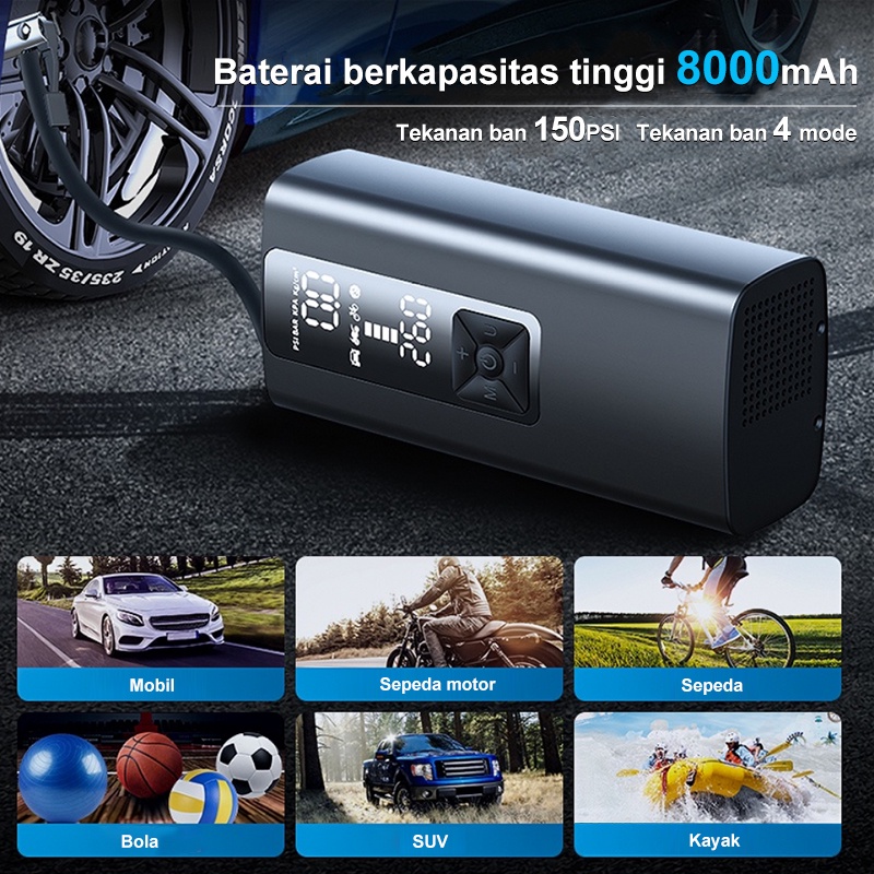 Amazefan 8000mAh pompa angin mobil inflator pompa ban mobil elektrik pompa mobil portabel Car Air Pump ban motor aksesoris pompa ban listrik tire inflator perkakas sepeda elektrik tire pressure monitoring alat Dapat mengisi daya ponsel perangkat lainnya