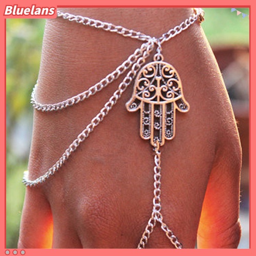 Bluelans Women Hamsa Hand Asymmetric Slave Tassel Chain Harness Finger Ring Bracelet