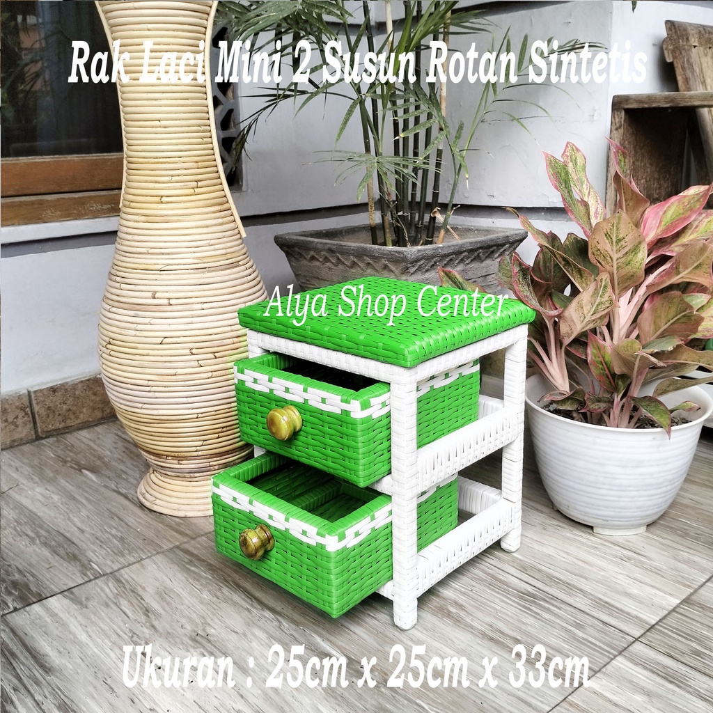 Rak Laci Mini 2 Susun Tempat Kosmetik Anyam Rotan Sintetis Sliding / Rak 2 Laci Minimalis